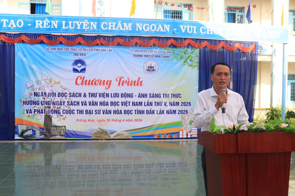Phát động Cuộc thi Đại sứ Văn hóa đọc tỉnh Đắk Lắk năm 2026 gắn với Ngày hội đọc sách và Thư viện lưu động “Ánh sáng tri thức” tại Trường THCS Lê Đình Chinh, xã Krông Ana